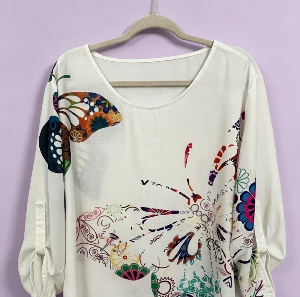 White Multicolor Butterfly Abstract Blouse – Size 22/24W
